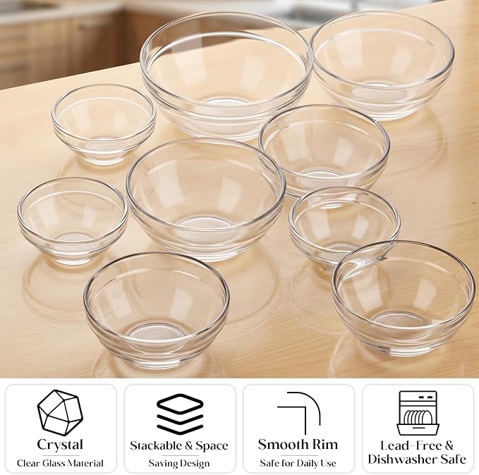 LemonRoad 20 Pcs Glass Prep Bowls Sets 4 Sizes 2.5/4.5/8.5/12.9 oz Cooking Clear Small Prep Pinch Bowls Mini Stackable for Toppings, Kitchen, Salt, Spices, Dipping, Baking & Meal