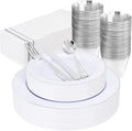 SUT 175 Piece Silver and White Plastic Dinnerware Set for 25 Guests, Disposable Plastic Plates, Include: 25 Dinner Plates, 25 Dessert Plates, 25 Pre Rolled Napkins with Silver Silverware, 25 Cups