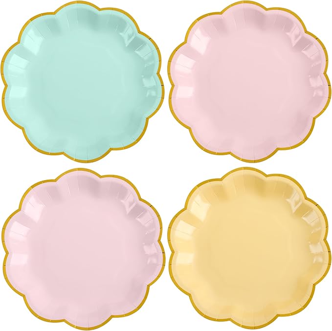 24 Pcs Pastel Scalloped Paper Plates 7 Inch Disposable Macaron Colorful Dessert Plates with Gold Edge Gradient Rainbow Party Supplies for Wedding Birthday Baby Shower Bridal Summer Decorations