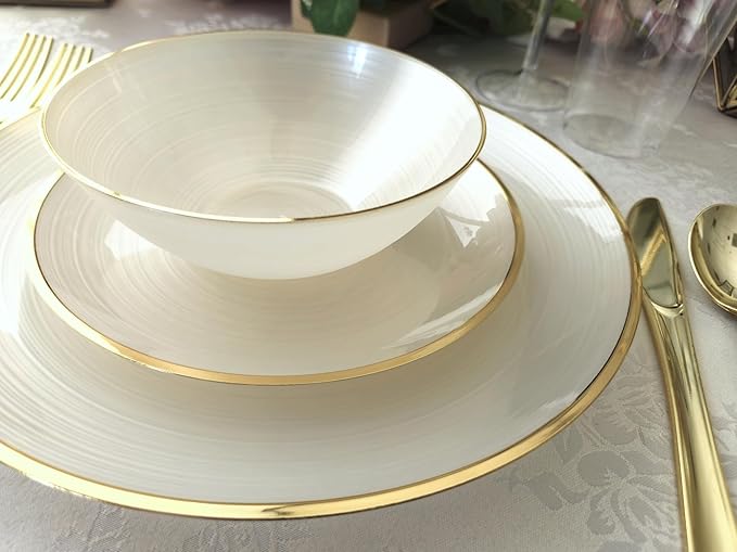" OCCASIONS " 240 Plates Pack,(120 Guests) Premium Wedding Party Disposable Plastic Plates Set -120 x 10'' Dinner + 120 x 7'' Salad/Dessert (Belize in Ivory & Gold)