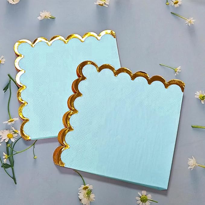 100 pack Blue Cocktail Napkins with Gold Foil Accents Scalloped Edges 5 x 5 inch Beverage Disposable Napkin Party Decoration Wedding Bridal and Baby Shower Dinner Lunch Supplies