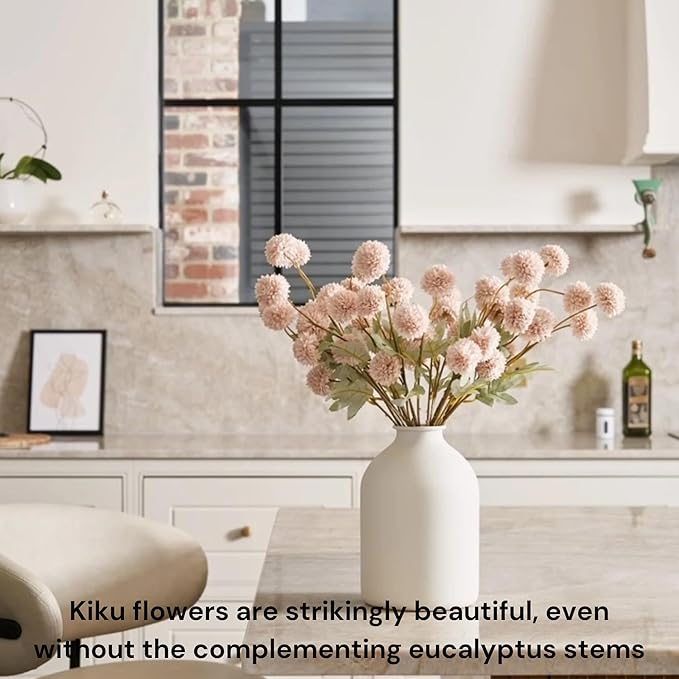 Artificial Flowers for Vase - Beige Silk Mums 10 Long Stems with Eucalyptus, Faux Flowers Home Decor, Neutral Tan Cream Floral Arrangement, Fake Chrysanthemum Pom Pom Stems, Spring Fall Centerpiece