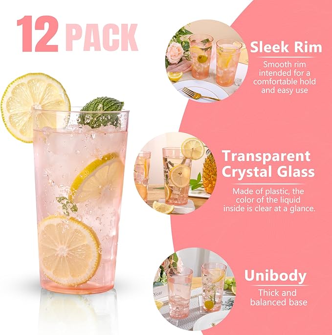 Liacere Plastic Drinking Glasses Set of 12-18oz Highball Pink Reusable Plastic Glasses Colors, Water Glasses Cups,Tumbler Glassware Set for Beer, Juice, Cocktail, Milk for Mother's Day Valentine’s Day