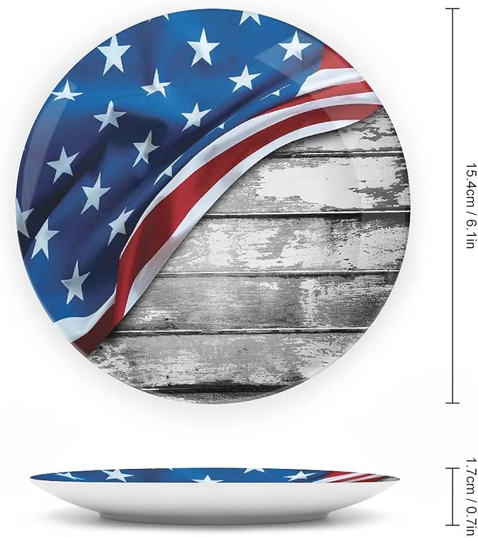 Ceramic Plates, American Flag Decor Decorative Ceramic Plates, Flag Over Antique Rustic Rippled Board, 8 Inch, for Dining, Parties, Wedding, Grey Navy