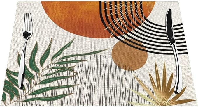 Mid Century Placemats 12x18 Inches Set of 4, Modern Boho Green Orange Tropical Leaf Decorative Rectangle Table Mats for Party, Home Kitchen,Dining Table Decoration