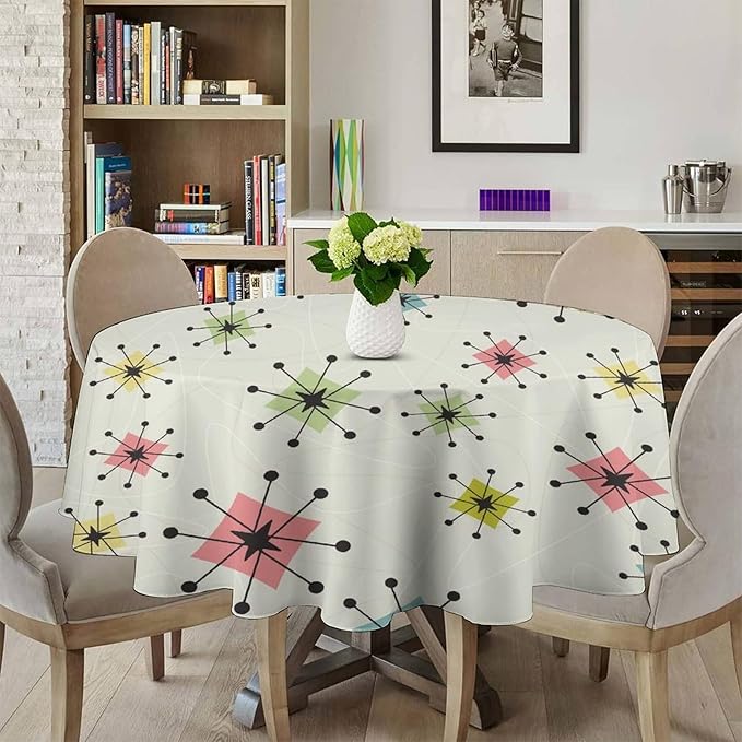 Retro Mid Century Round Tablecloth, Vintage Modern Colorful Abstract Geometric Art Bohemian Tablecloth for Home Party Dining Room Kitchen Decor 70Inch(178cm)