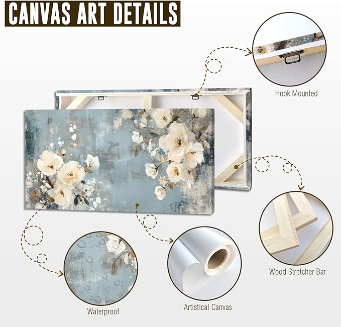 ADJUVANT Wall Art Vintage Floral 60" L x 30" W, Creamy Flowers On Distressed Blue Background Canvas Painting Blossoms Artwork Prints Floral Wall Decor for Living Room Bedroom Dining Room Home Office