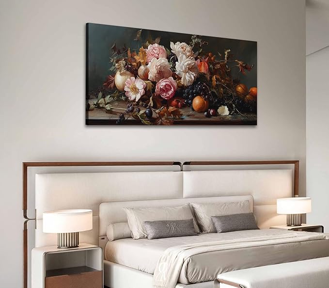 ADJUVANT Wall Art Vintage Floral And Fruit 60" L x 30" W, Peonies With Grapes And Citrus Canvas Painting Prints Graceful Botanic And Fruity Wall Decor for Living Room Bedroom Dining Room Home Office