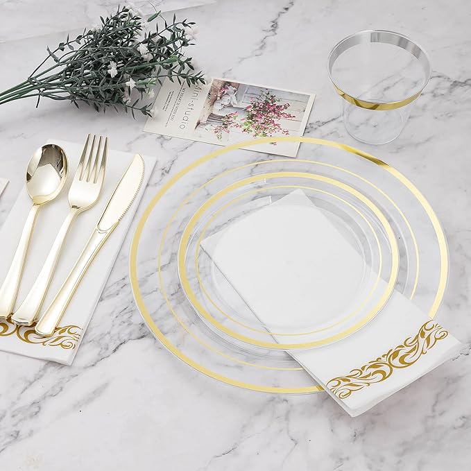 BESTVIP 700PCS Clear Gold Disposable Dinnerware Set for 100 Guests, Plastic Plates for Party, Wedding, Christmas, Include: 200 Plastic Plates, 100 Gold Silverware, 100 Cups, 100 Napkins