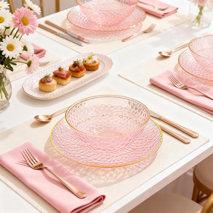 Tinybee 30 Pack Pink Plastic Bowls - Pink Disposable Bowls for Party with Gold Rim, 16-20oz Premium Hammered Bowls Disposable Heavy Duty, Plastic Salad Bowls for Milk Cereals, Snacks, Salads