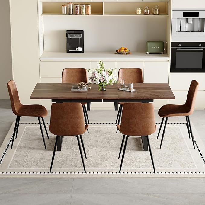 Dining Table Set for 6, 55"-71" Extendable Dining Room Table Set for 6, Modern Wood Kitchen Table with 6 Upholstered Chairs, Space-Saving for Dining Room Apartment, Easy Assembly