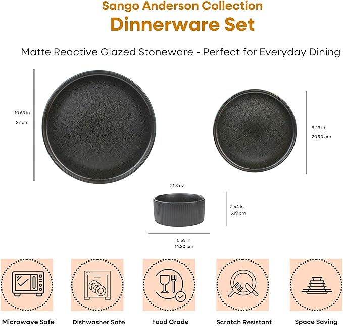 Sango 12 Pieces Stoneware Fluted Dinnerware Set, Modern Black Dishes for 4, Premium Serving Plates and Bowls Sets, Chip & Scratch Resistant, Ceramic Kitchen Dish, Microwave & Dishwasher Safe, Anderson