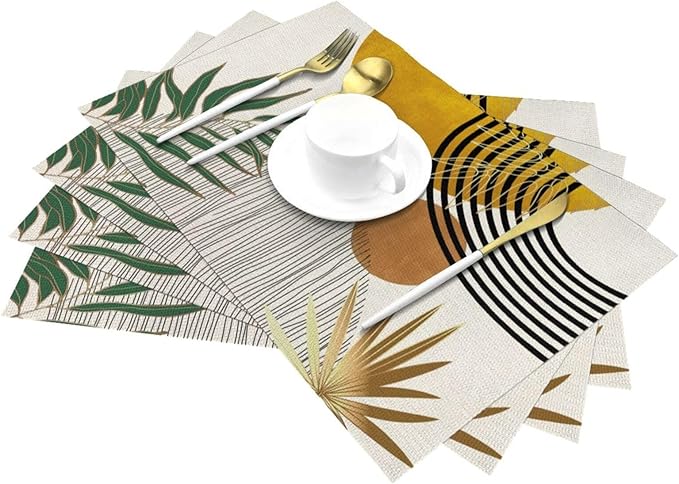 Mid Century Placemats 12x18 Inches Set of 4,Abstract Modern Boho Green Yellow Tropical Leaf Decorative Rectangle Table Mats for Party, Home Kitchen,Dining Table Decoration