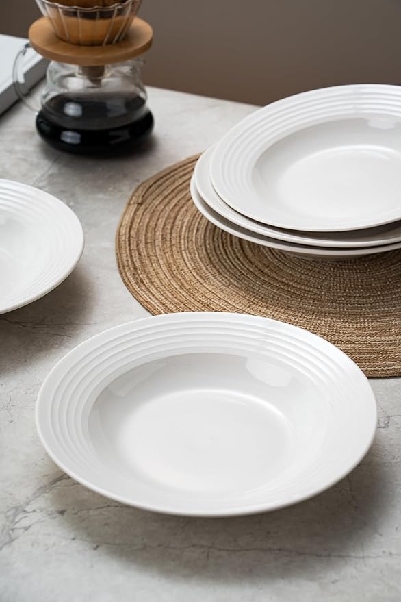 8.7-inch Wide Rim Ceramic Soup Bowl - Lead-Free White Pasta Bowls for Spaghetti, Salad, Stew, Rice Microwave & Dishwasher Safe - Scratch-Resistant & Heatproof Design Set of 4