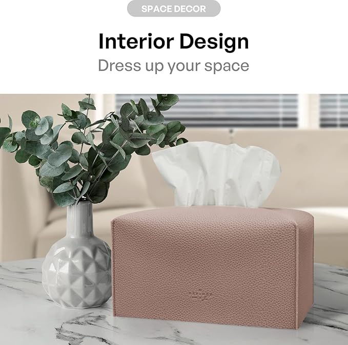 Carrotez Tissue Box Cover, [Refined] Modern PU Leather Rectangular Tissue Box Holder - Decorative Holder/Organizer for Bathroom Vanity Countertop, Night Stands, Office Desk 9.5"X5"X5" - Rose Pink