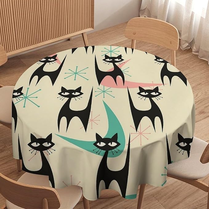 Mid Century Colorful Modern Cat Round Tablecloth, Medieval Bohemian Abstract Animal Tablecloth for Home Party Dining Room Kitchen Decor 50Inch(127cm)