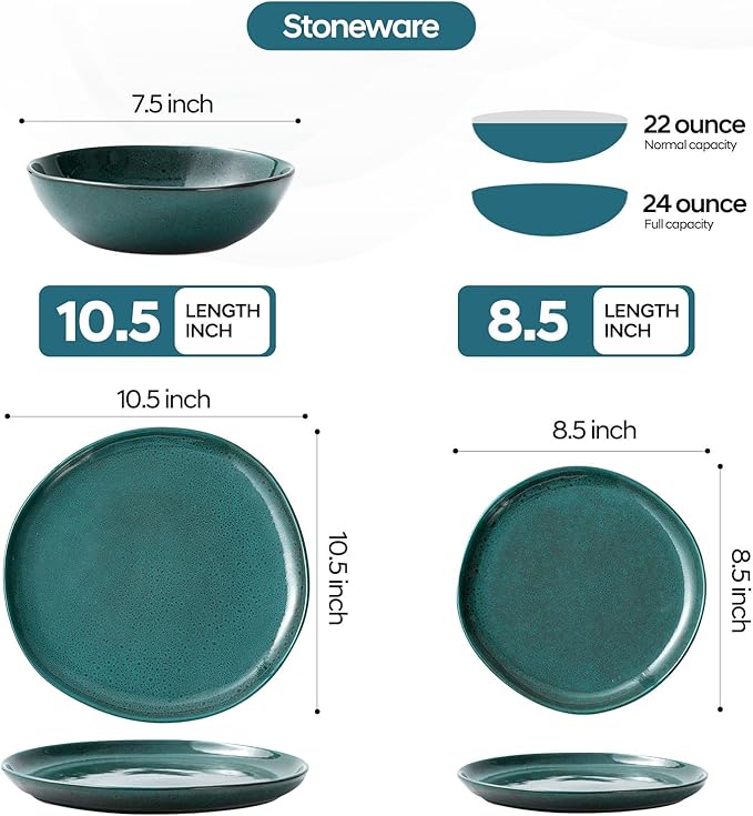 Bestone 12 Pieces Round Kitchen Dinnerware Sets，Plates and Bowls Sets,Dishes, Plates, Bowls, Dish Set, Chip Resistant Ceramic Dinnerware Set, Dishwasher/Microwave Safe,Service for 4,Ceylon Green
