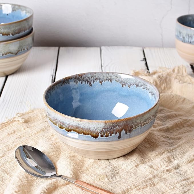 Bosmarlin Stoneware Soup Bowl Set of 4, 26 Oz, Cereal Bowl for Oatmeal, Dishwasher and Microwave Safe, Reactive Glaze (Blue, 6 in)