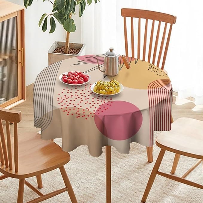Mid Century Boho Round Tablecloth, Abstract Modern Sun Arch Curve Leaves Geometric Print Tablecloth for Home Party Dining Room Kitchen Decor 50Inch(127cm)
