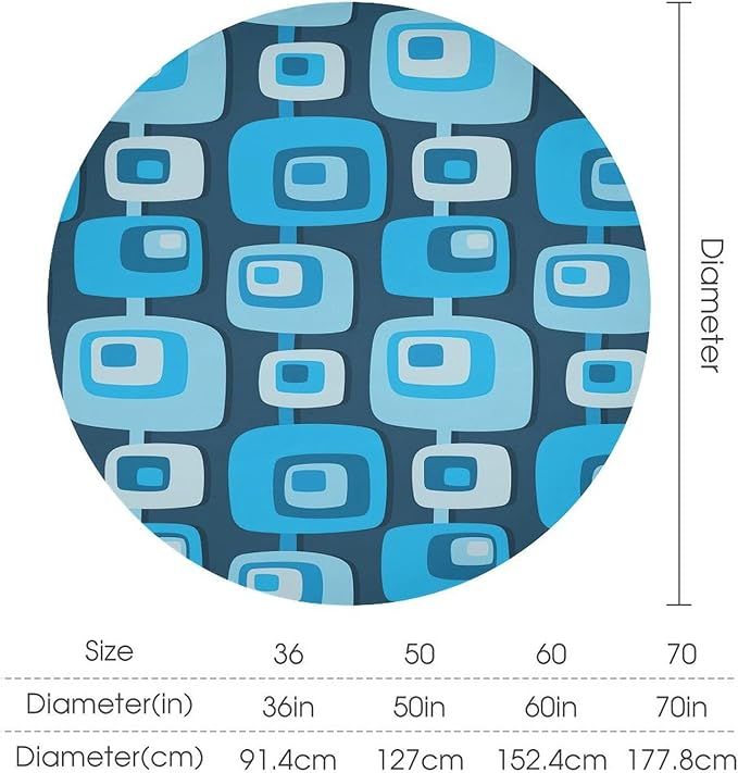 Mid Century Boho Round Tablecloth, Blue Mid Century Modern Art Abstract Geometric Pattern Retro Vintage Style Tablecloth for Home Party Dining Room Kitchen Decor 60Inch(152cm)