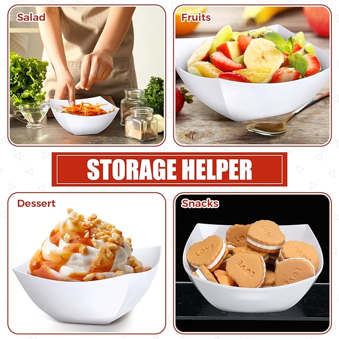 Sliner 100 Pcs Square Plastic Bowls Plastic Serving Bowls Disposable Chip Containers for Parties Snack Fruit Candy Containers for Candy Buffet Salad Bar Buffet Party Supplies (White,16 oz)