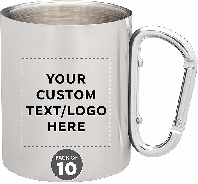 Custom Stainless Steel Mugs with Carabiner Handle 10 oz. Set of 10, Personalized Bulk Pack - Perfect for Coffee, Soda, Other Hot & Cold Beverages - Silver