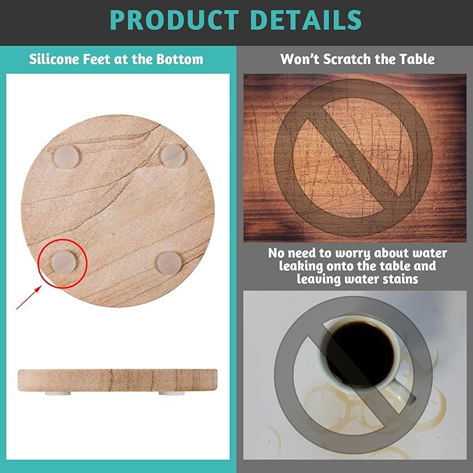 Natural Sandstone Coasters Set of 8 with Holder, 4 in Dia Drink Coasters for Coffee Table, Water Absorbent & Heat Resistant Cup Coaster for Home & Office, Christmas Birthday Gift