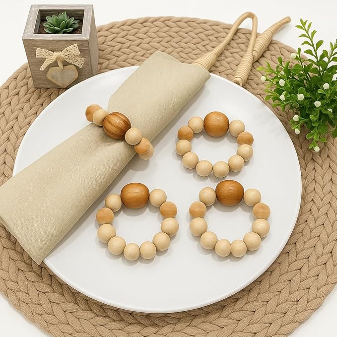 Napkin Rings Set of 6 - Wooden Beads Napkin Rings | Rustic Wooden Napkin Ring Holder for Table Decoration Handmade LEBEJUA Napkin Ring with Wood Beads & Napkin Holder with Jute Twine