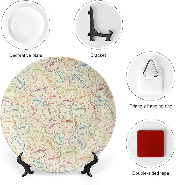 Ceramic Display Plate, American Football Ceramic Hanging Decorative Plate, Grunge Looking Hand Drawn Sports Sketch, 8 Inch, Household Custom Ceramic Plate, Multicolor