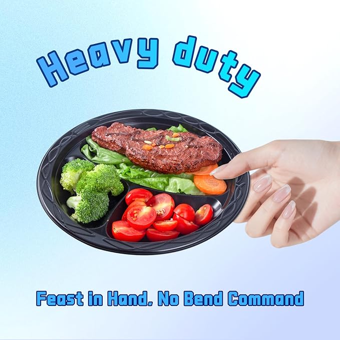 YANGRUI Disposable Plates BPA Free 9 Inch 150 Pack - Shrink Wrap Food Grade Mineral Filled PP | Reusable Microwave Safe Heat-Retention Design | Commercial Restaurant Black 3 Compartment Plastic Plate