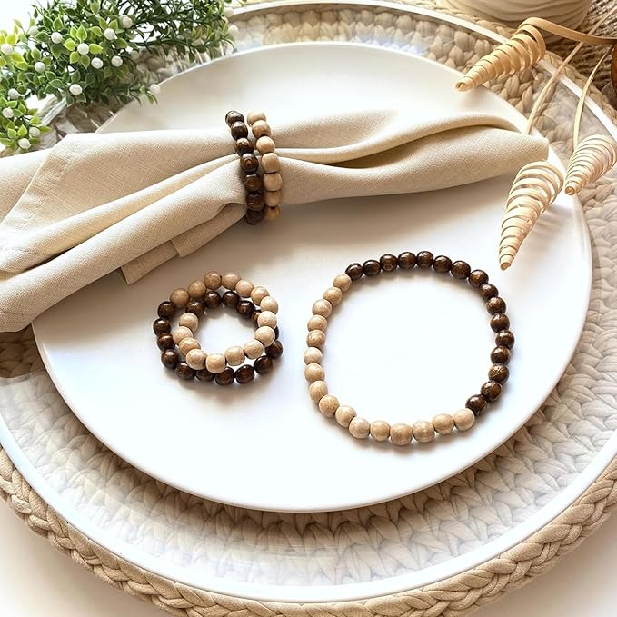 Napkin Rings Set of 6 - Modern Napkin Holder Rings with Wooden Beads | Dinner Napkin Ring for Holiday & Christmas, Birthday Party, & Wedding Decor - Farmhouse Napkin Rings Bulk (Specia)