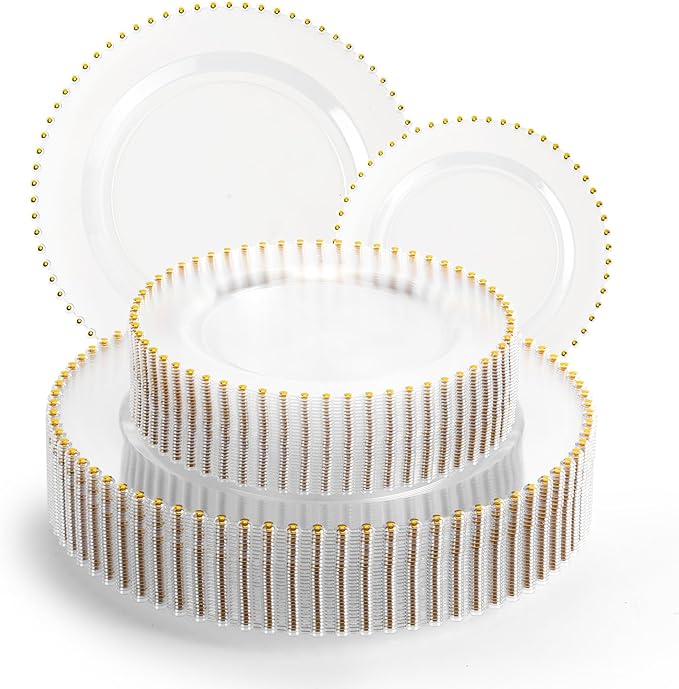 EI 60pcs Clear Plastic Plates with Gold Rim,Disposable Plastic Plates Fancy 10" Dinner & 7" Dessert Plate Heavy Duty for Wedding,Birthday,Afternoon Tea,Spring,Mother's Day,Valentine's Day,Easter