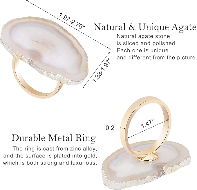 CozyTower Agate Napkin Rings Set of 4, Gold Napkin Holders for Cloth Napkins, Unique Wedding Decorations Napkin Ring Kitchen Accessories for Dinner Party (Natural Color Agate)