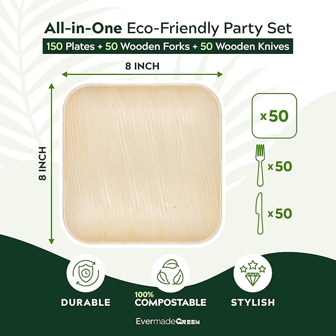 Bamboo Plates with Cutlery - Set of 50 Plates (8in) + 50 Forks + 50 Knives | Biodegradable Palm Leaf Plates | Disposable Dinner Plates | Rustic Dinnerware for Christmas, Wedding, Party