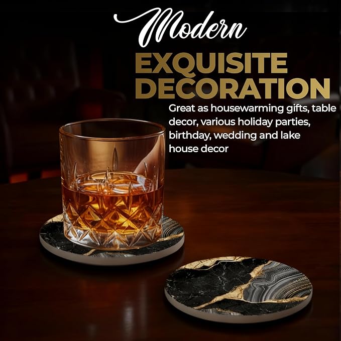 Luxury Black & Gold Marble Ceramic Coasters - Set of 6 with Gold Metal Holder - Premium Round Drink Coasters for Coffee, Tea, Whiskey, Wine - Stylish Home & Kitchen Decor