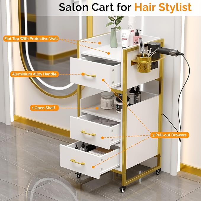 OmySalon Salon Trolley Cart, Hair Styling Station with 3 Drawers, 2 Open Shelf & Tool Holders, Mobile Barber Storage Cabinet Utility Trolley for Beauty Salon Spa,White