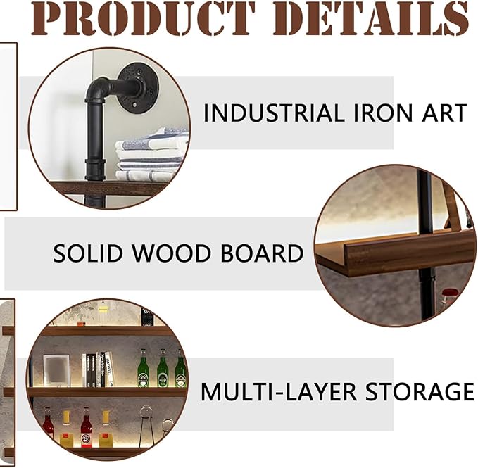 70.8in Large Wine Rack with LED Light Solid Wood Wall Mounted Wine Rack, 3-Tiers Liquor Bottles Floating Shelves Display Storage Organizer for Home Bar & Dining Room (180cm/70.8in)
