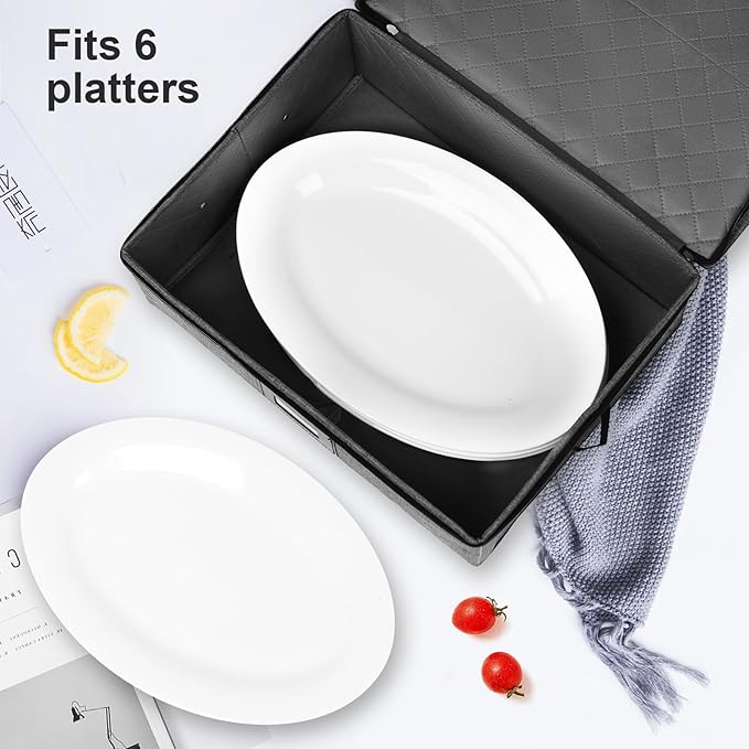 China Storage Containers 2 Pack, Platter Storage Containers 17" x 13" x 6" for Dinnerware Storage and Transport, 5 Felt Dividers Included, Structured Top and Stackable (Black)