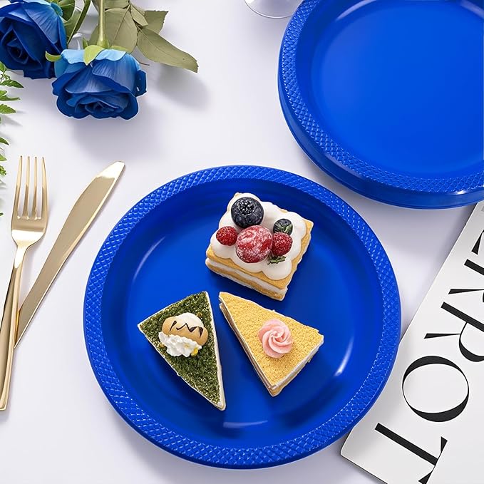 WELLIFE Royal Blue Party Plates 9 Inch -150 Count, Disposable Plastic Dark Blue Dinner Plates for Party Dessert Cake Appetizer