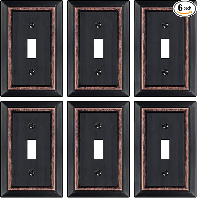 Oil Rubbed Bronze Light Switch Cover Plate, Decorative Metal Aged Bronze Switch Plates Outlet Cover, Light Switch Cover Plate, 1-Gang Wall Plates (Single Toggle, 6 Pack)