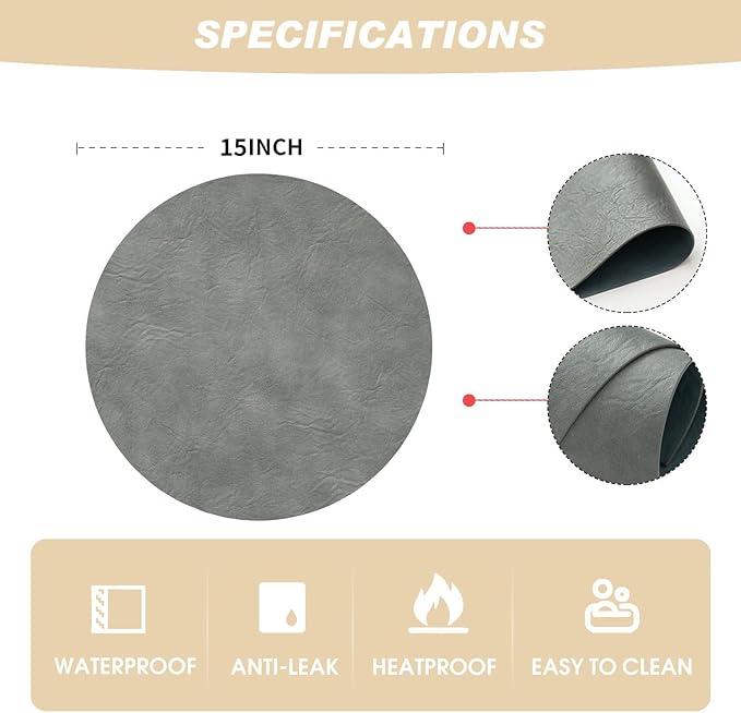 Artoid Mode Grey Faux Leather Placemats Set of 6, 15 Inch Waterproof Wipeable Heat Resistant Vinyl Place Mats, Reversible Table Mats for Winter Kitchen Dining Decor