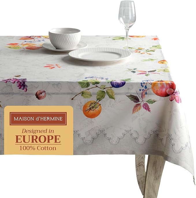 Maison d' Hermine Table Cloth Square Table 100% Cotton 60 x 60 Inches Fall Tablecloth Reusable Everyday Use for Thanksgiving Christmas Decorations Dining Farmhouse Party (Fruit D'Hiver)