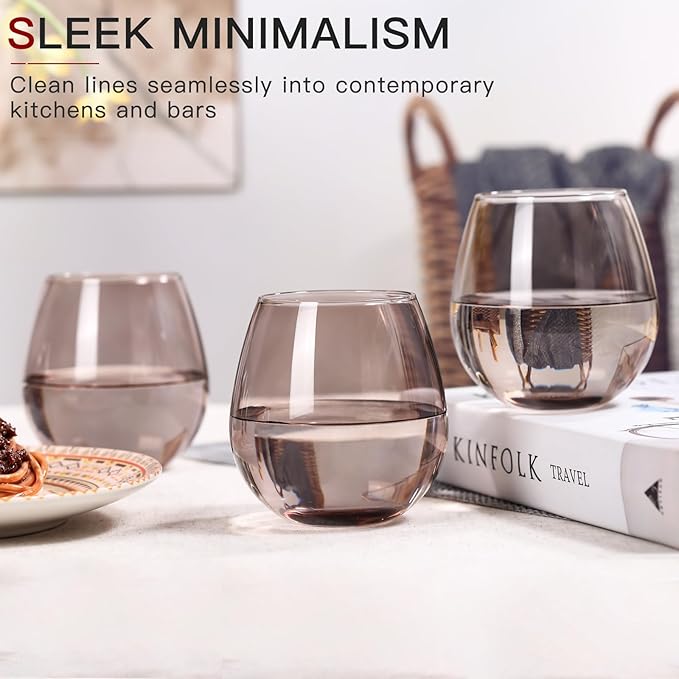 Colored Stemless Wine Glasses Set of 6-15 oz -Modern Hand-Blown Wine Glasses, European Design Crystal Glass For Red & White Wine, Unique Gifts for Wedding, Birthday(Smokey Grey)