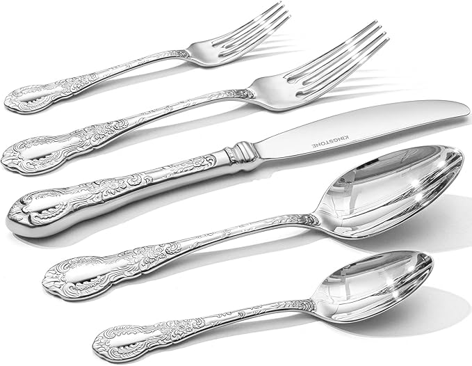 KINGSTONE Vintage Carved Silverware Set, 20-Piece 18/10 Stainless Steel Flatware Cutlery Set with Retro Royal Thick Handle, Tableware Utensils for Home, Restaurant, party, Wedding, Dishwasher Safe
