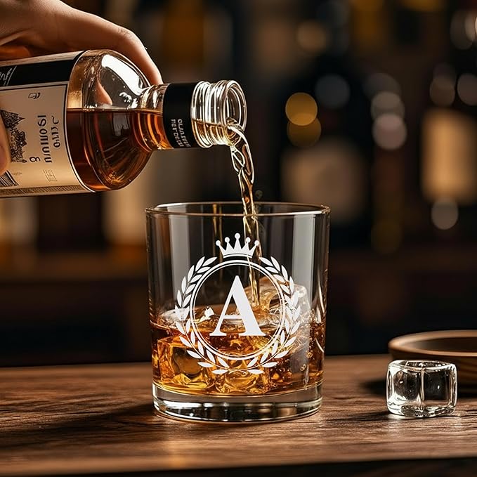 Whiskey Glasses - Rocks Old Fashioned Glass Gifts for Men, Monogrammed A-Z 10oz Personalized Whisky Glasses, Christmas Birthday Gifts for Men Him Dad Father Husband Brother Son (A)