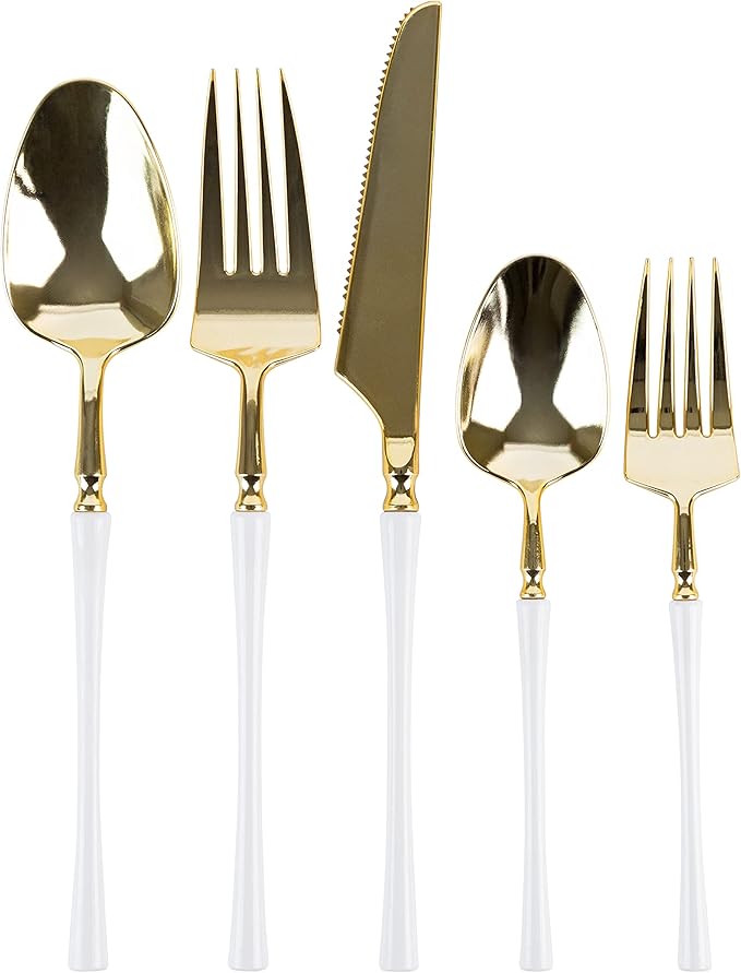 PlasticPro 20 Count Gold and White Plastic Salad Forks Premium Quality Heavy Duty Disposable Elegant Silverware Two Tone Salad Forks for Party