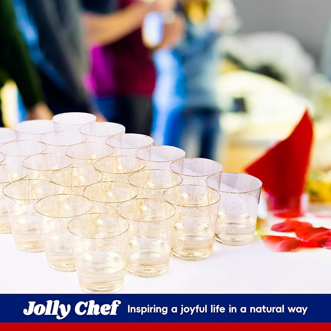 JOLLY CHEF 14 oz 50 Pack Gold Plastic Cups, Disposable Gold Glitter Plastic Cups Tumblers, Ideal for Wedding Halloween, Thanksgiving, Christmas Parties
