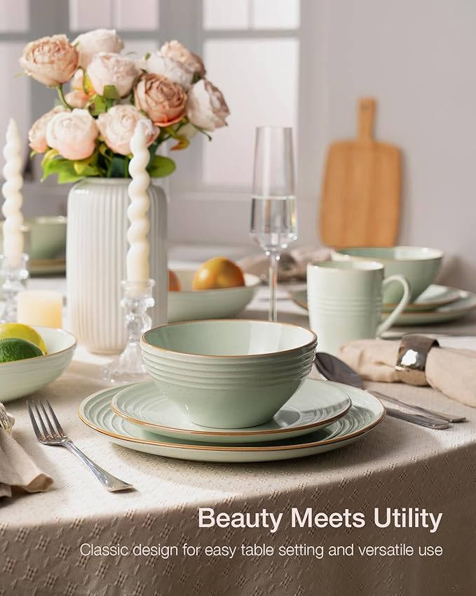 Famiware Jupiter Dinnerware Set with Pasta Bowl, Plates and Double Bowls Dish Sets for 4 (16 Pieces), Microwave and Dishwasher Safe Stoneware Tableware, Chip and Scratch Resistant, Light Green