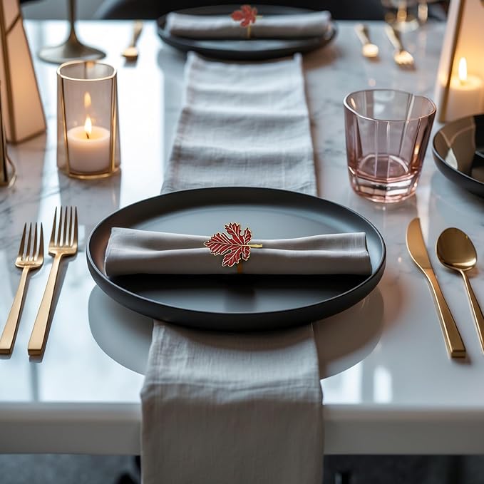 Decozen Set of 4 Red Gold Napkin Rings in Maple Design, Festive, Table Decor Setting for Holiday, Wedding, Birthday, Kitchen, Home Decor, Housewarming Gift - Thanksgiving Decoration