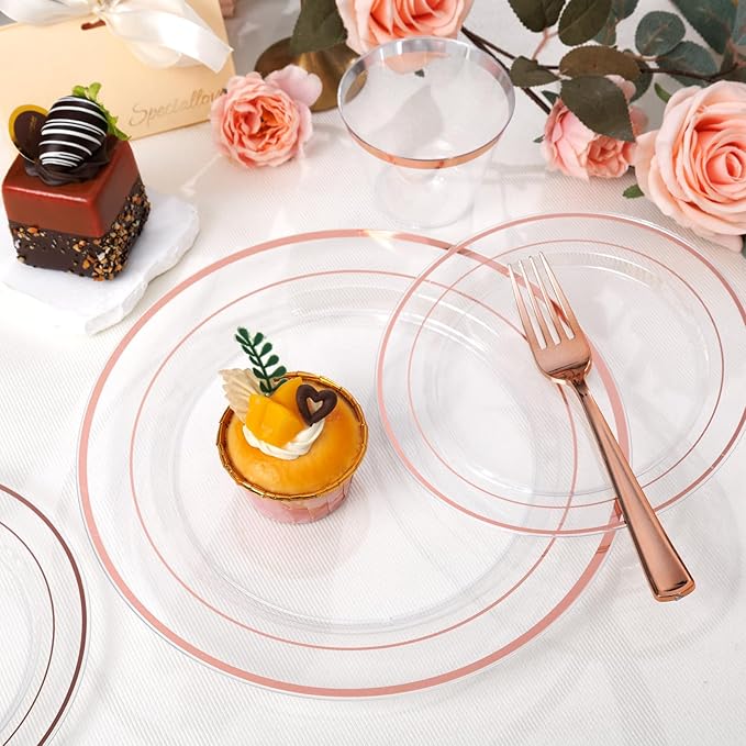 bUCLA 600PCS Clear Rose Gold Plastic Dinnerware Set Disposable - Include 100 Dinner Plates, 100 Dessert Plates, 100 Knives, 100 Forks, 100 Spoons, 100 Cups for Party, Wedding & Valentines Day